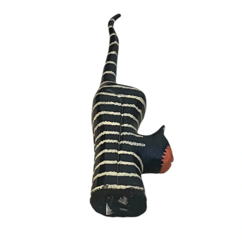 Carved Wood Hand‎ Painted Long Tail Striped Cat Figurine Ring Holder